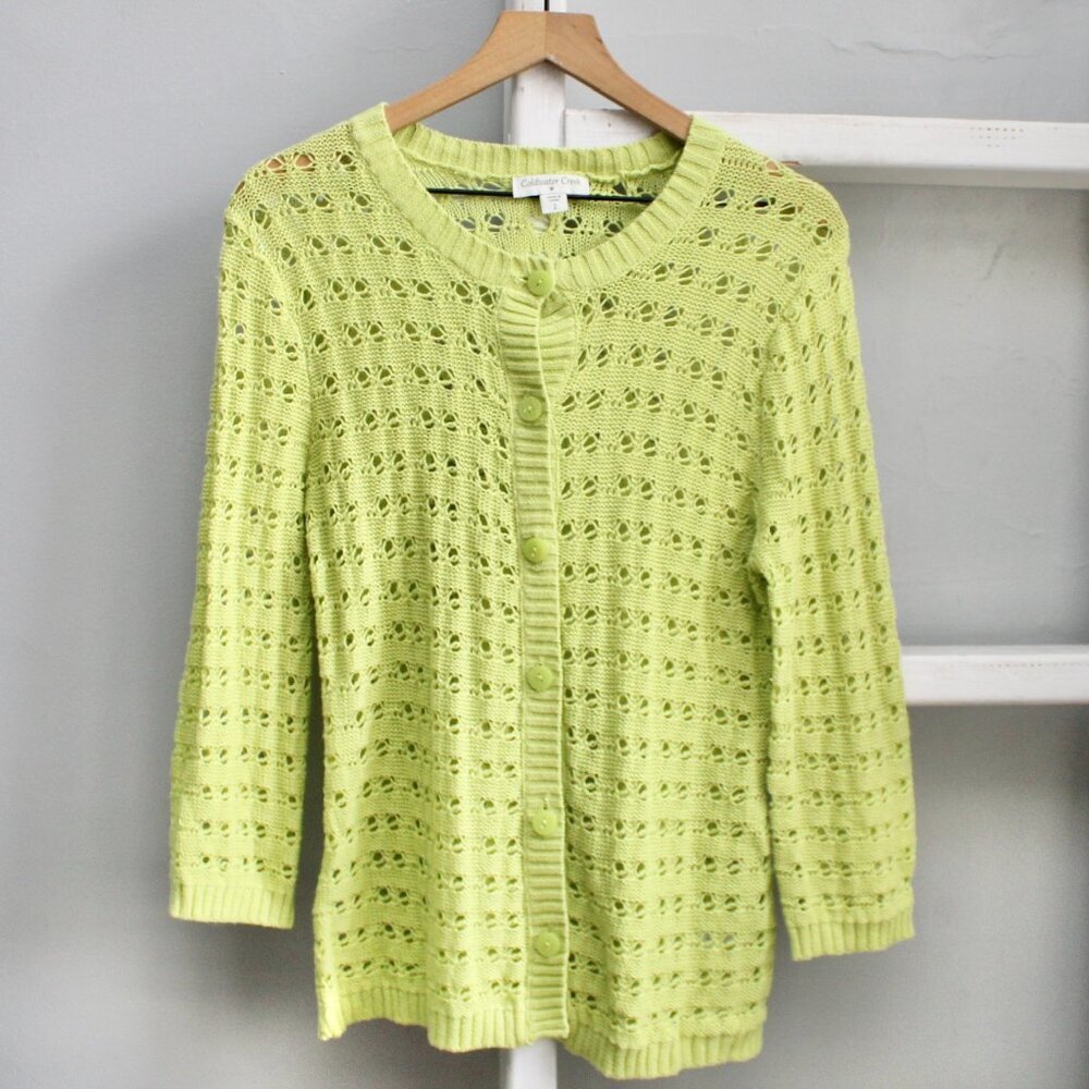 Coldwater Creek Lime Green Button-Down Open-Knit 3/4 Sleeves Cardigan Size 8